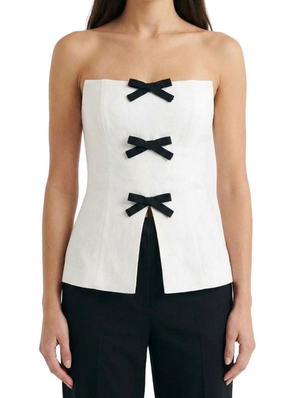 Reformation Essie Linen Top Strapless White Black Bows 8